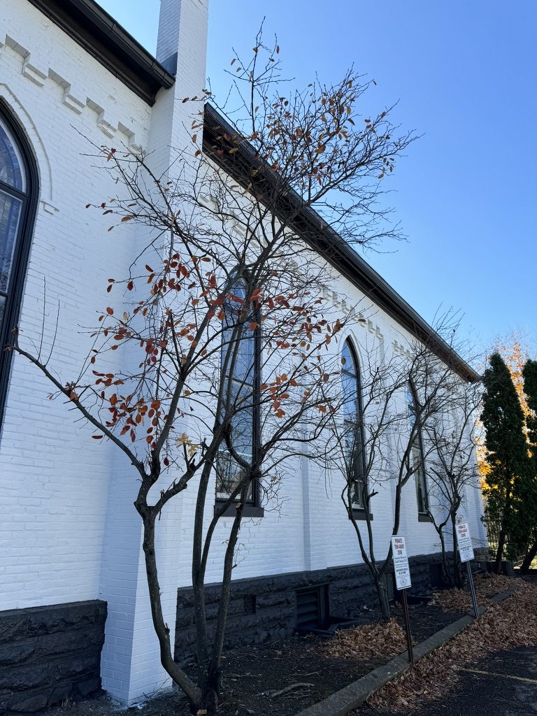 Side of a white painted brick church with black window trim