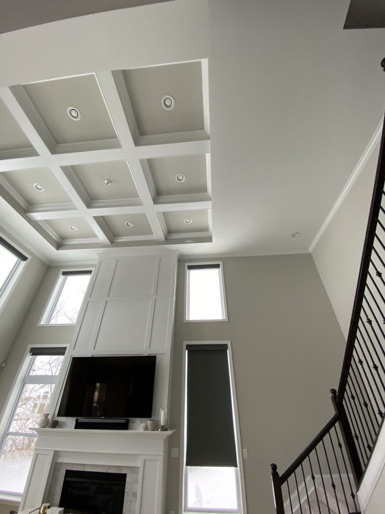 Two-story great room with painted coffered ceiling and trim in Lebanon, OH